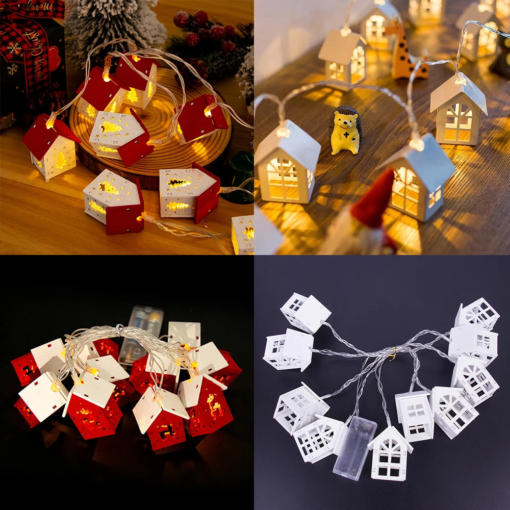 Wooden House Shaped Christmas LED String Lights Xmas Tree Hanging Lights Wood House LED Fairy Lamp for Christmas Home Noel 2024