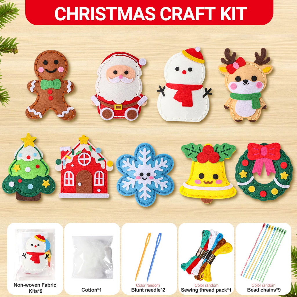 9-piece DIY Christmas sewing material pack for beginners; easy to make Christmas tree ornaments including gingerbread man, reind