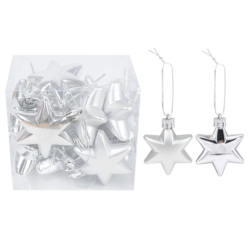 12Pcs Christmas Pendant Star Heart Shape Hanging Ornaments Xmas Tree Ball Decor Christmas Party Decoration Navidad New Year 2025