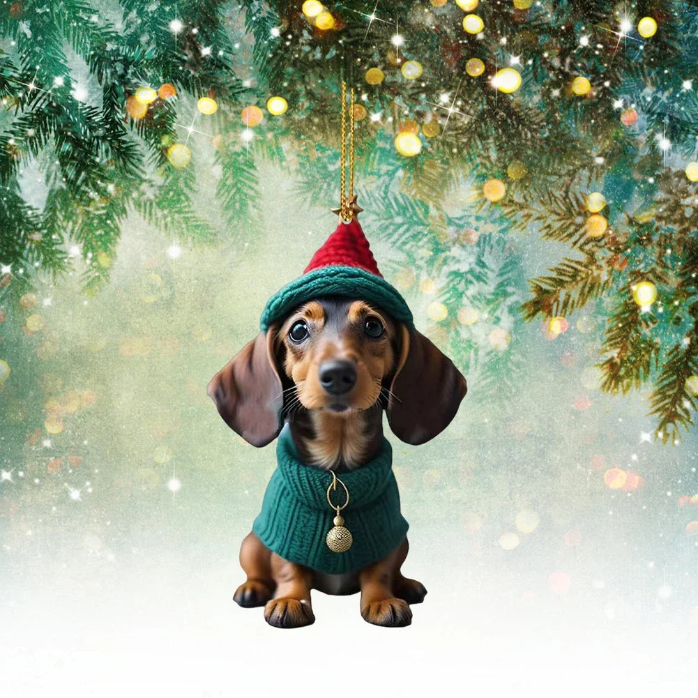 Christmas Hanging Dog Decor Acrylic Dog Figurines Decor Funny Puppy Pendant Xmas Tree Backpack Car Interior Decor
