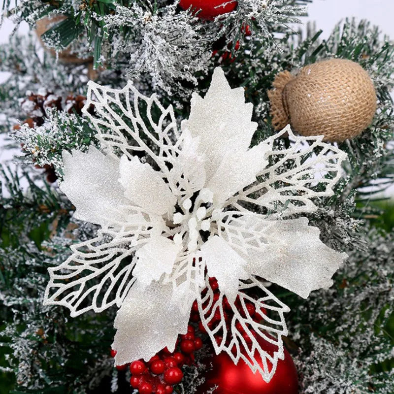 9cm Glitter Artifical Christmas Flowers Christmas Tree Wreath Decorations Fake Flowers Xmas Garland Ornaments New Year 2024