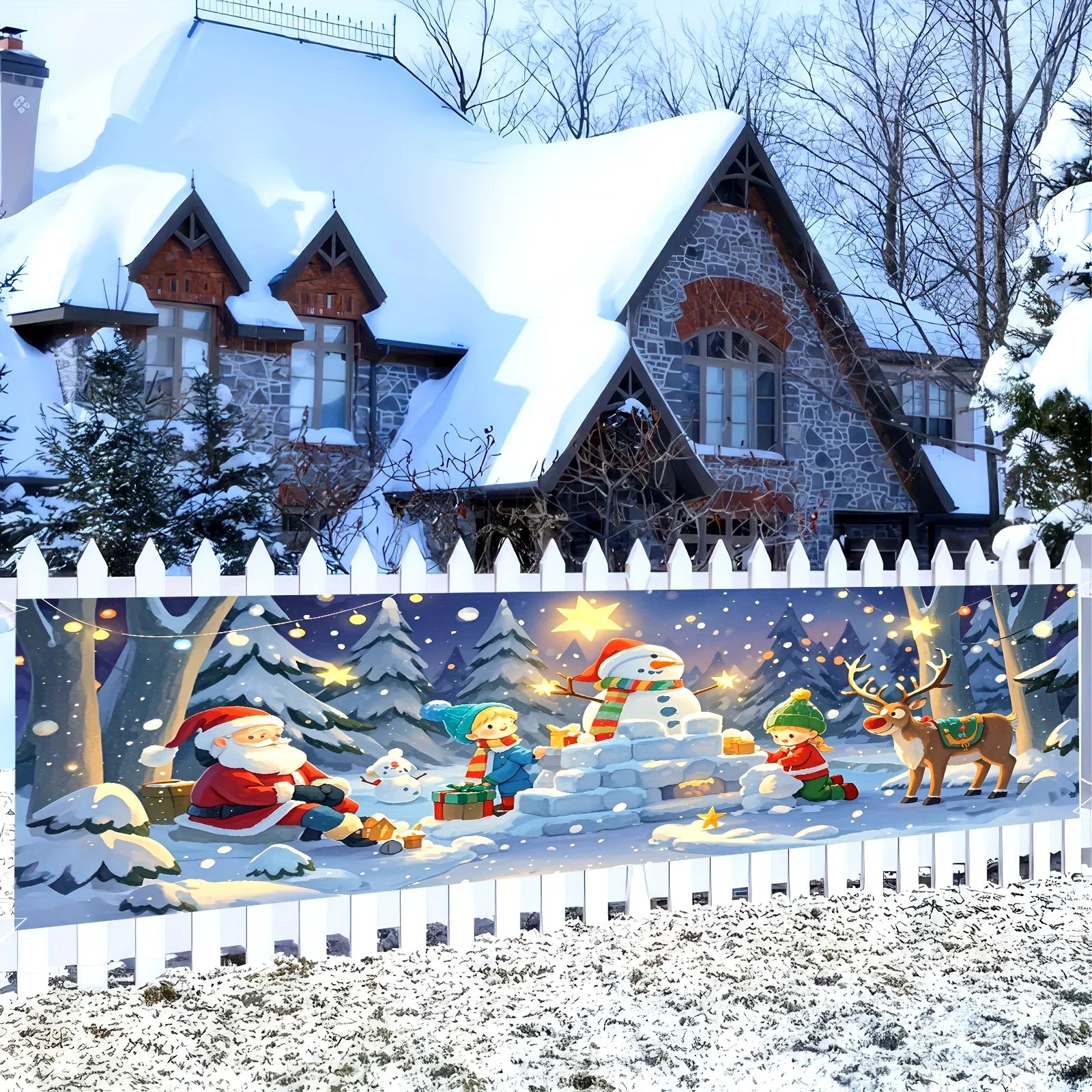 Happy New Year and Christmas yard banner, cartoon snowman and star design, perfect choice for farmhouse and outdoor decoration