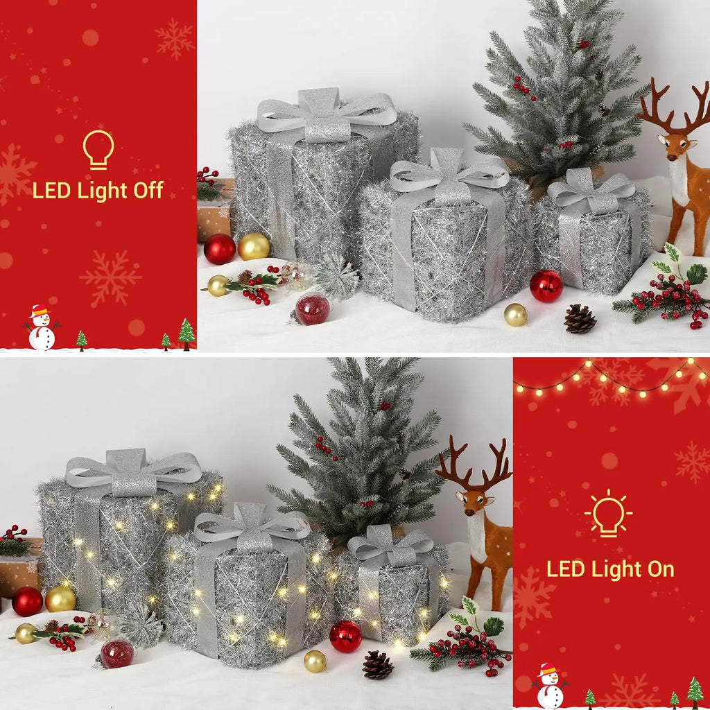 Lighted Gift Box Set of 3,Christmas Decoration Boxes with Bow, Pre-Lit Present Boxes with Warm Lights,Yard Christmas Decorations