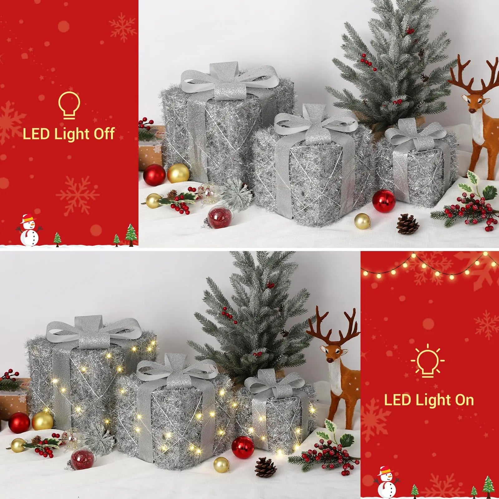 Lighted Gift Box Set of 3,Christmas Decoration Boxes with Bow, Pre-Lit Present Boxes with Warm Lights,Yard Christmas Decorations
