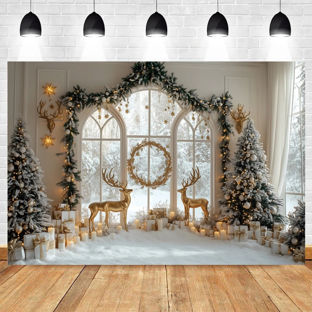 Christmas Photography Backdrop Xmas Tree Gift Toy Window Wood Door Kids Portrait Family Party Photo Background Decor Photostudio