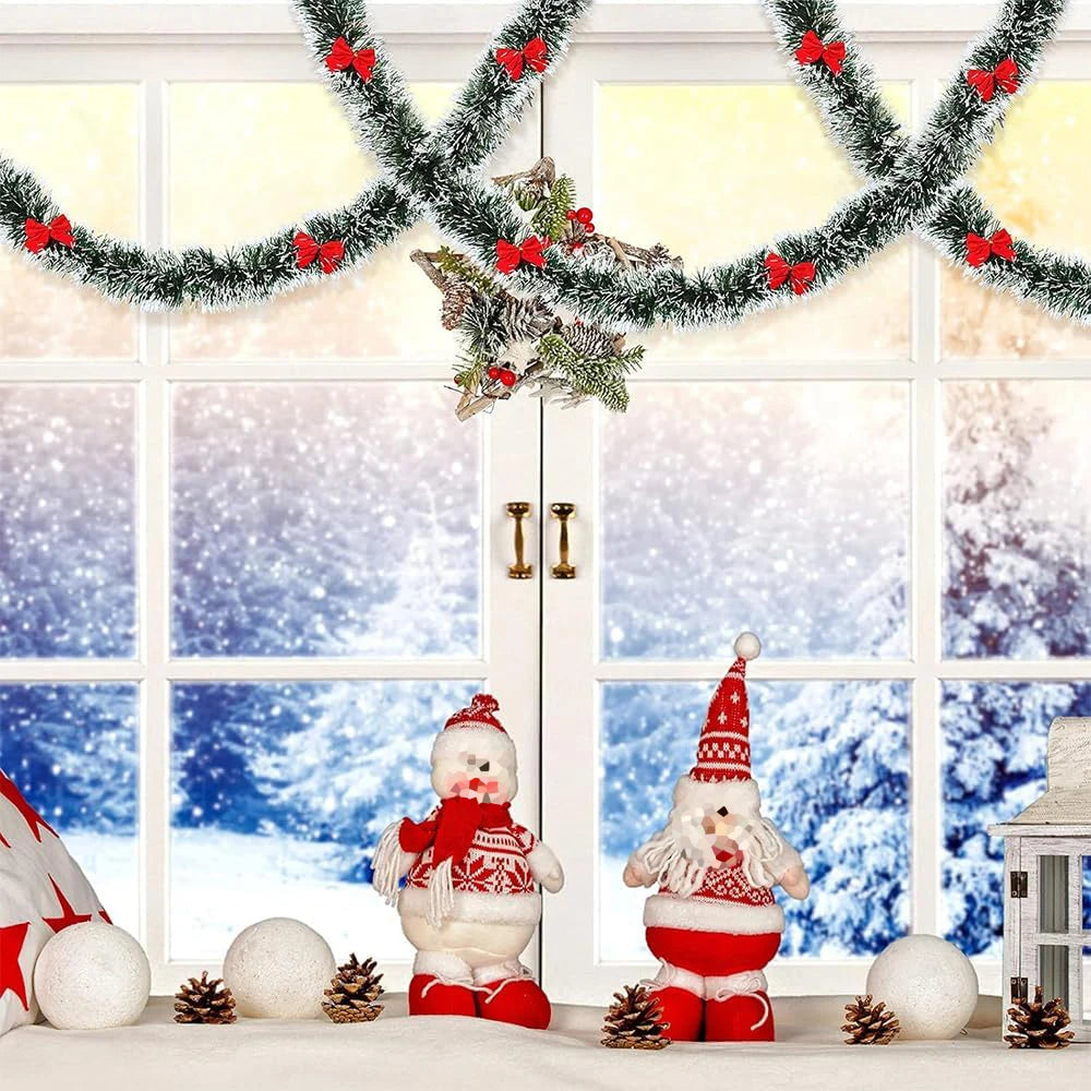 Christmas Garland Decorations 6.5FT Green Christmas Hanging Garland Red Bows Balls Ornaments Xmas Tree Home Party Decor New Year