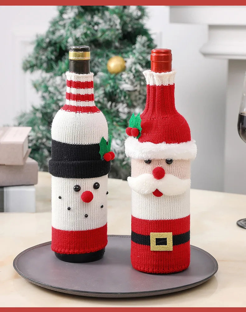 Christmas Wine Bottle Cover Set Santa Snowman Woven Wine Bottle Bags for Christmas Party Dinner Table Decorations New Year Gifts