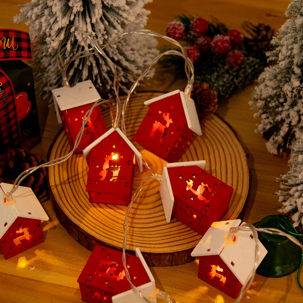 Wooden House Shaped Christmas LED String Lights Xmas Tree Hanging Lights Wood House LED Fairy Lamp for Christmas Home Noel 2024