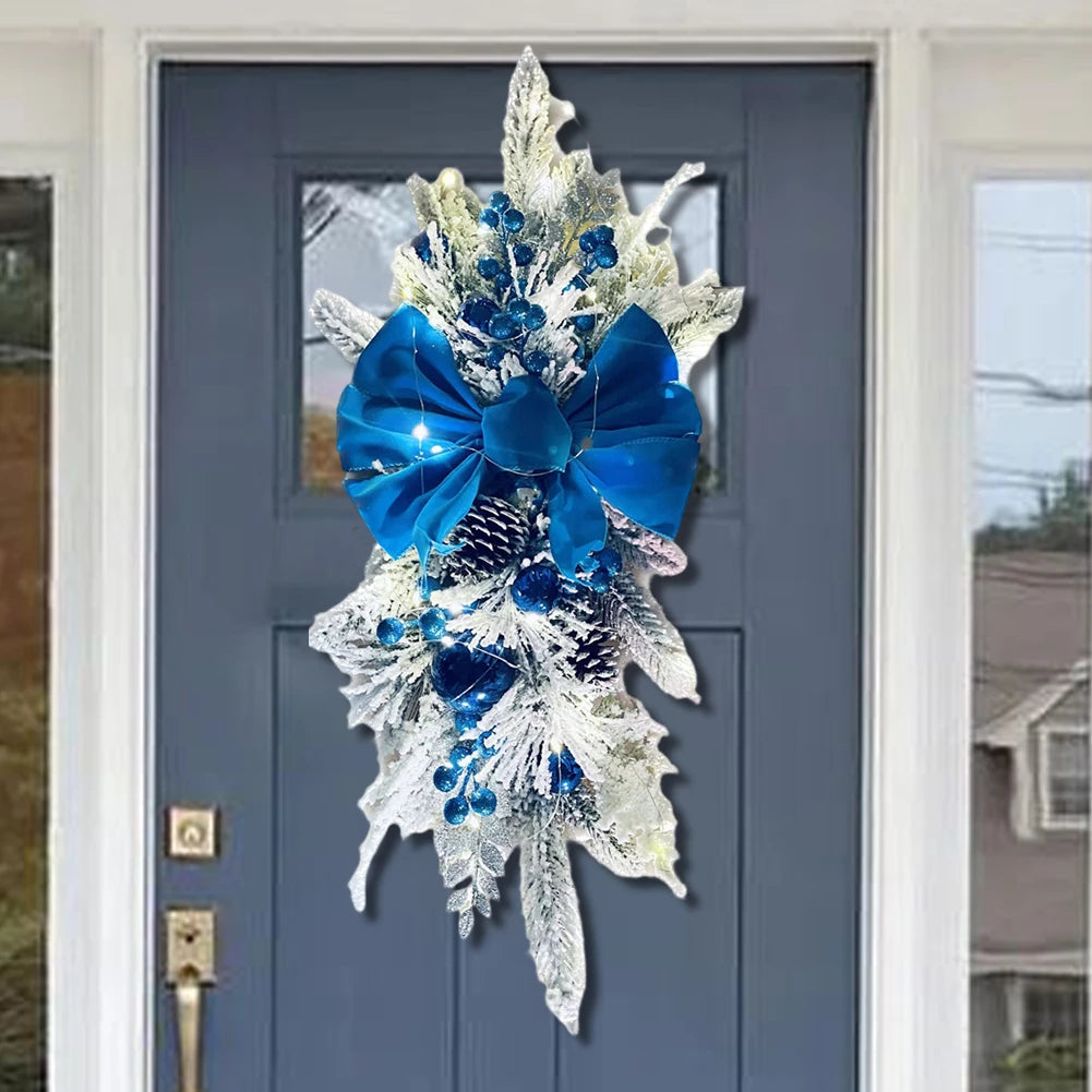 LED Artificial Garland Stair Wreath Prelit Christmas Wreath Garland Pine/Bow Light Up Cordless for Front Door Wall Window Stair