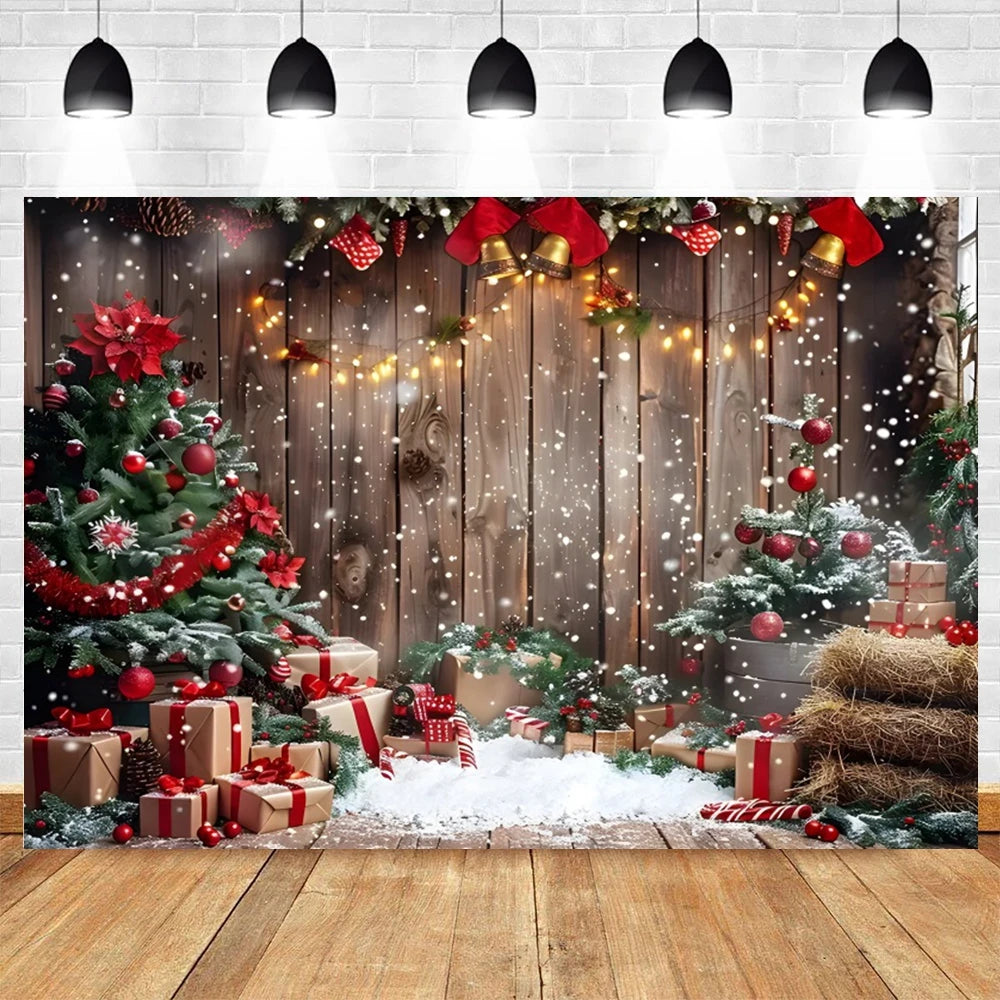 Christmas Photography Backdrop Xmas Tree Gift Toy Window Wood Door Kids Portrait Family Party Photo Background Decor Photostudio