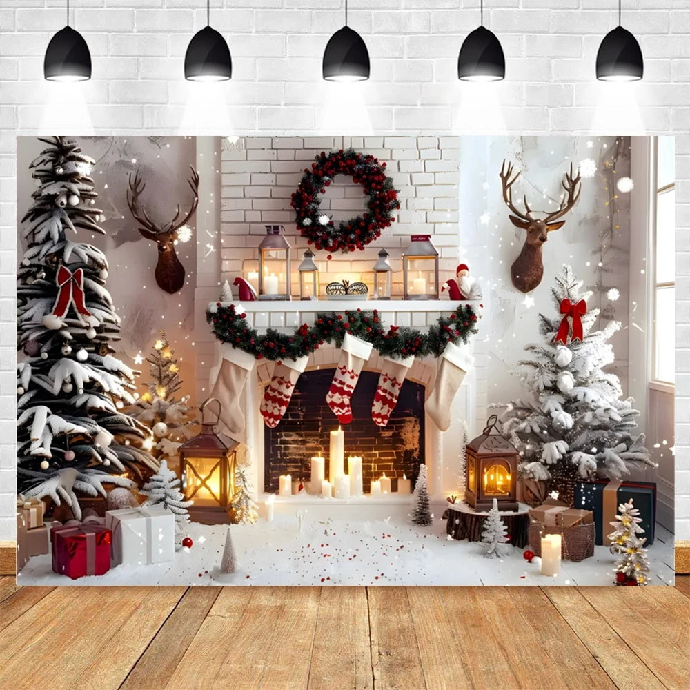 Christmas Photography Backdrop Xmas Tree Gift Toy Window Wood Door Kids Portrait Family Party Photo Background Decor Photostudio