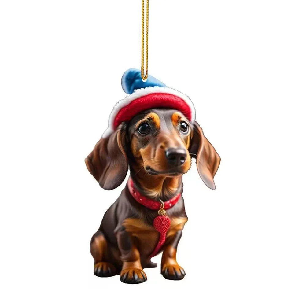 Christmas Hanging Dog Decor Acrylic Dog Figurines Decor Funny Puppy Pendant Xmas Tree Backpack Car Interior Decor