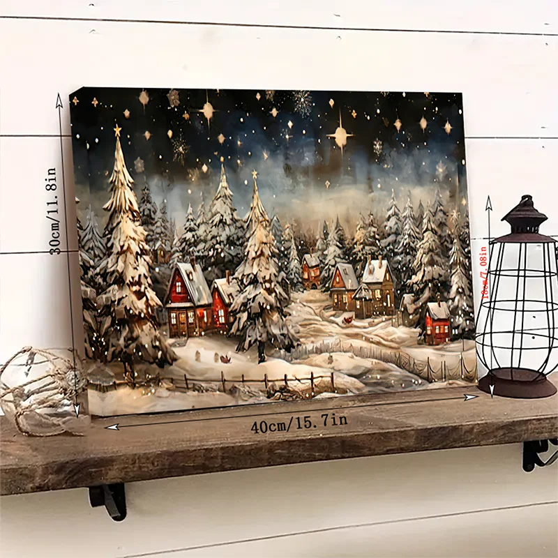 1PC Charming Farmhouse Winter Village Night View - Framed Canvas Wall Art Christmas Decorations and Holiday Gifts Framed