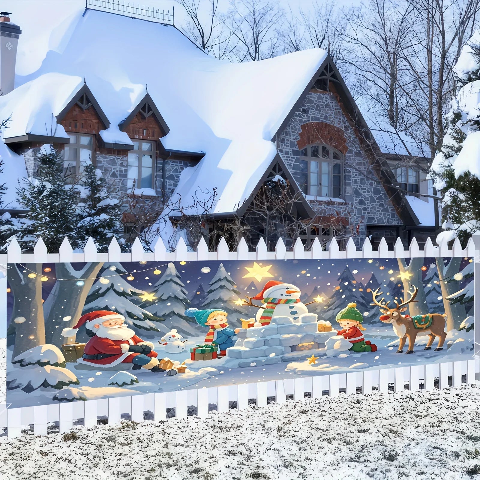 Happy New Year and Christmas yard banner, cartoon snowman and star design, perfect choice for farmhouse and outdoor decoration