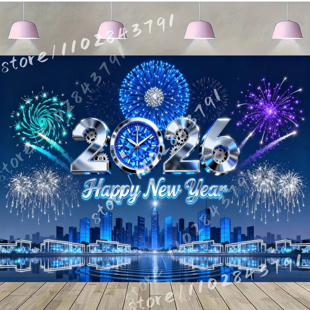 Celebration 2026 Happy New Year Vinyl Backdrop Photography Background with Purple Flowers Pocket Watch City Skyline