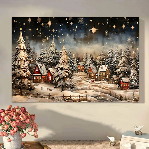 1PC Charming Farmhouse Winter Village Night View - Framed Canvas Wall Art Christmas Decorations and Holiday Gifts Framed