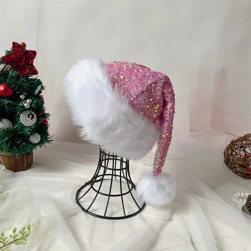 Black and White Fur Plush Hat for Adults and Children, Christmas Cap, Xmas Party, Home Decoration, High Quality