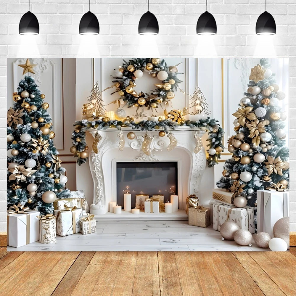 Christmas Photography Backdrop Xmas Tree Gift Toy Window Wood Door Kids Portrait Family Party Photo Background Decor Photostudio