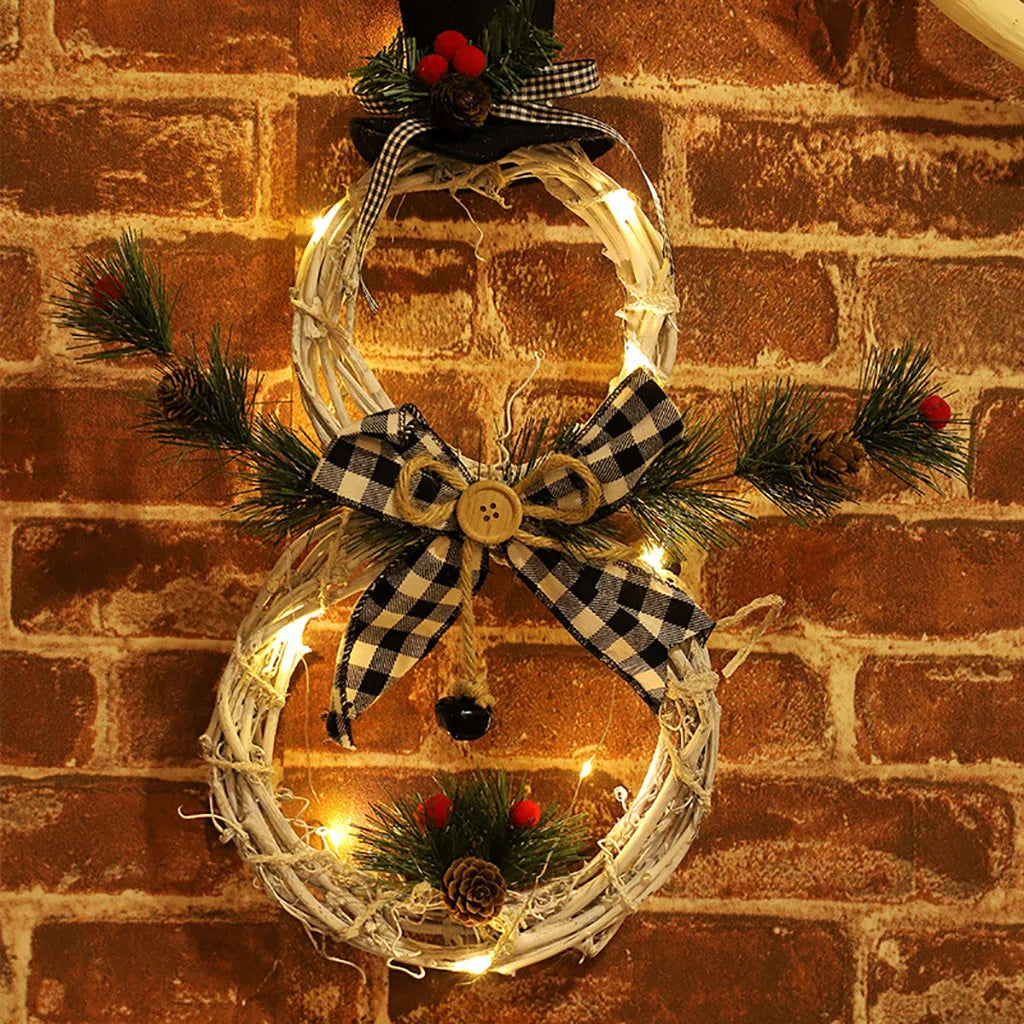 Christmas Snowman Wreath Garland Led Light Door Decoration Artificial Home Window Wall Background Door Hanging Luminous Ornament