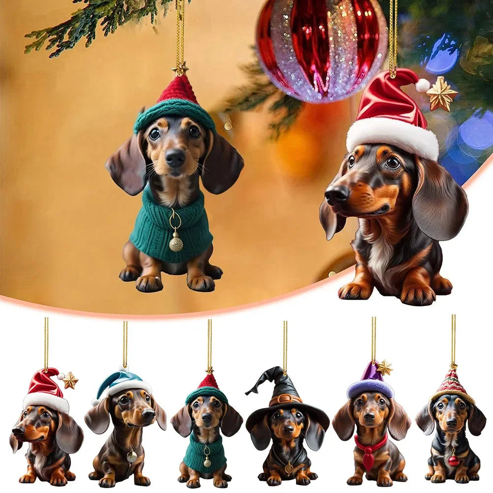 Christmas Hanging Dog Decor Acrylic Dog Figurines Decor Funny Puppy Pendant Xmas Tree Backpack Car Interior Decor