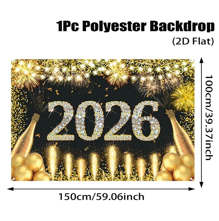 Black Gold New Year Backdrop Banner 2026 Happy New Year Christmas Party Background Decoration Gifts New Year Party Supplies