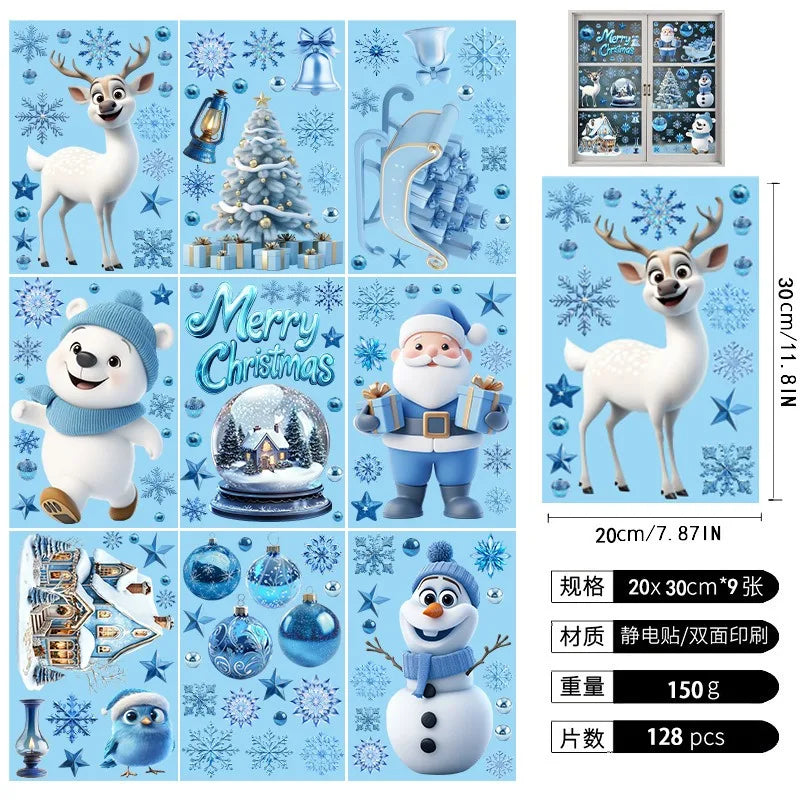 Blue White Christmas Elk Window Sticker Cartoon Elk Snowflake Bell Glass Sticker Merry Christmas Decor 2025 Happy New Year 2026
