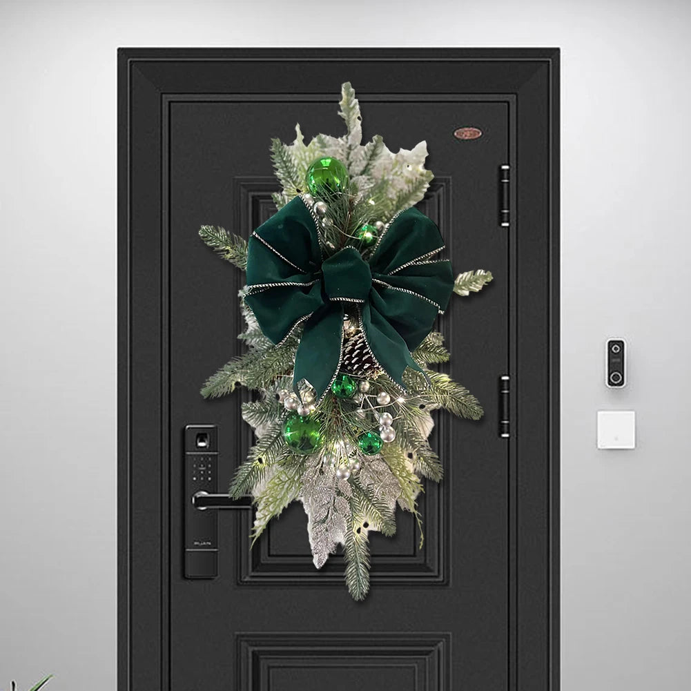 LED Artificial Garland Stair Wreath Prelit Christmas Wreath Garland Pine/Bow Light Up Cordless for Front Door Wall Window Stair
