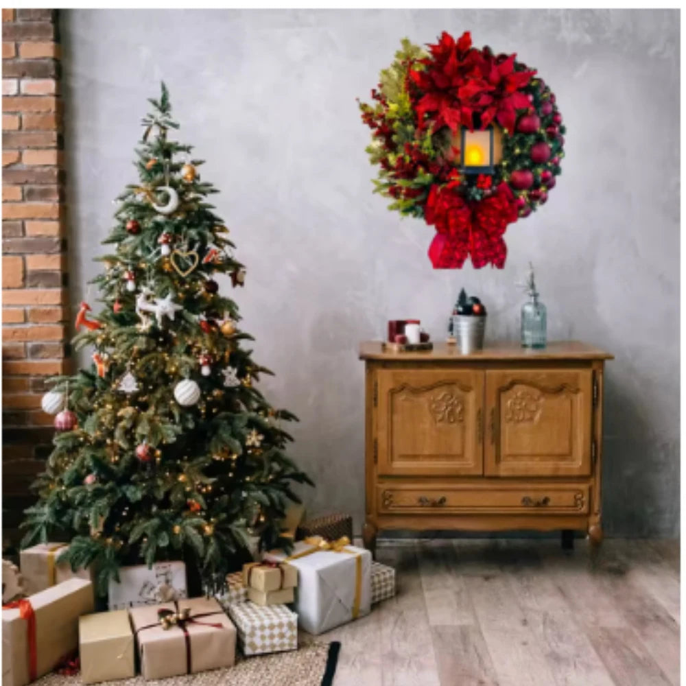 Christmas Decoration Golden Wreath With Lamp For Front Door Red Ball Flower Garland Xmas Ornament Window Wall Hanging Decor