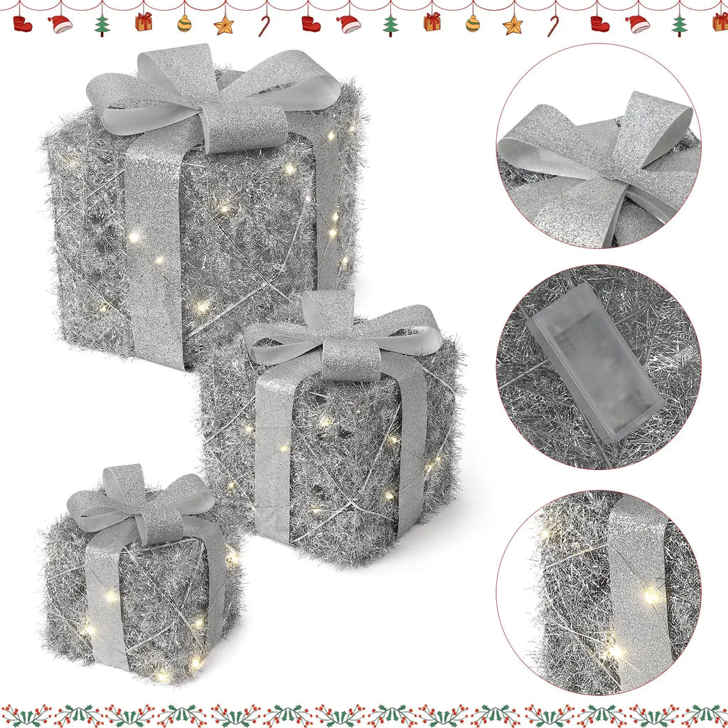 Lighted Gift Box Set of 3,Christmas Decoration Boxes with Bow, Pre-Lit Present Boxes with Warm Lights,Yard Christmas Decorations