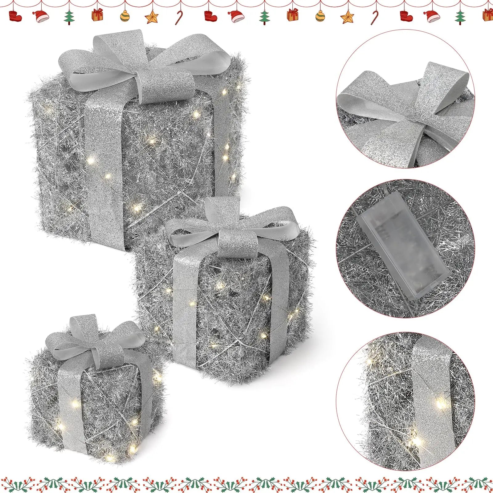 Lighted Gift Box Set of 3,Christmas Decoration Boxes with Bow, Pre-Lit Present Boxes with Warm Lights,Yard Christmas Decorations