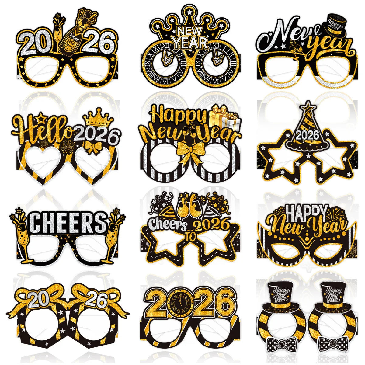 6 pieces, 2026 Happy New Year Black Gold New Year paper glasses, New Year's Eve decoration photo props - New Year's party