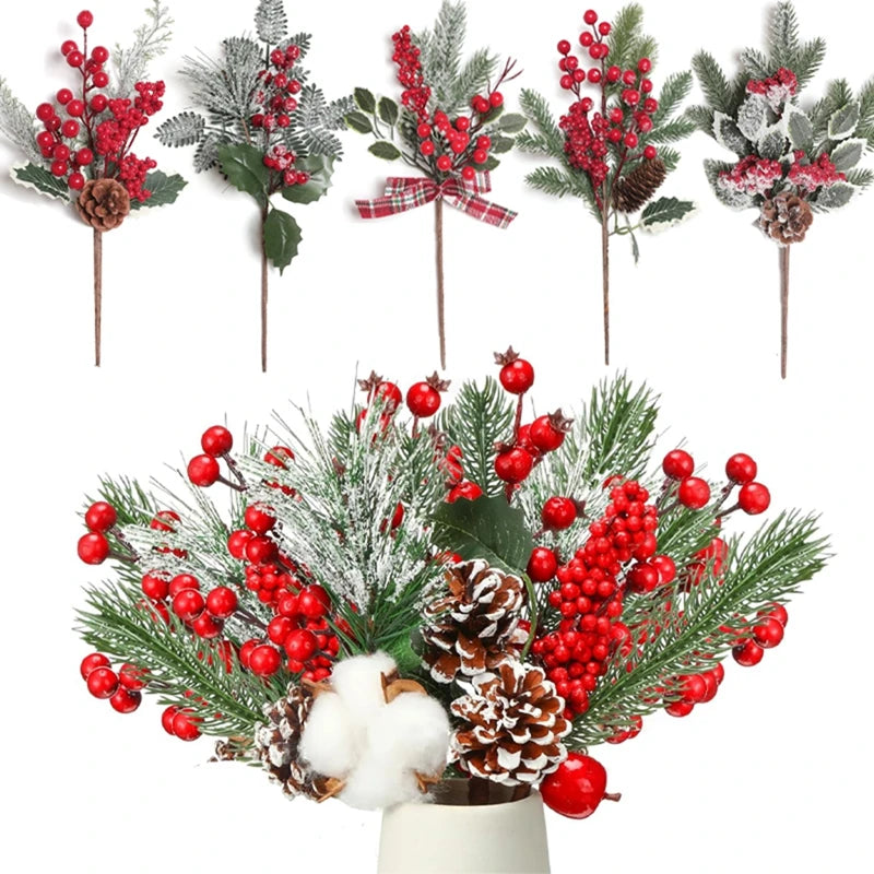 Christmas Decorations Red Berry Artificial Pine Bouquet Branch Xmas Tree Ornament Home Decor New Year 2025 DIY Gifts Accessories