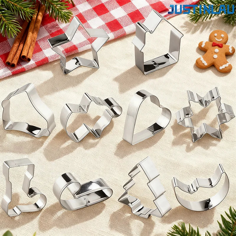 JUSTINLAU 10pcs Christmas Cookie Cutter Set Stainless Steel Gingerbread Xmas Tree Fondant DIY Baking Mold for Holiday Party Gift