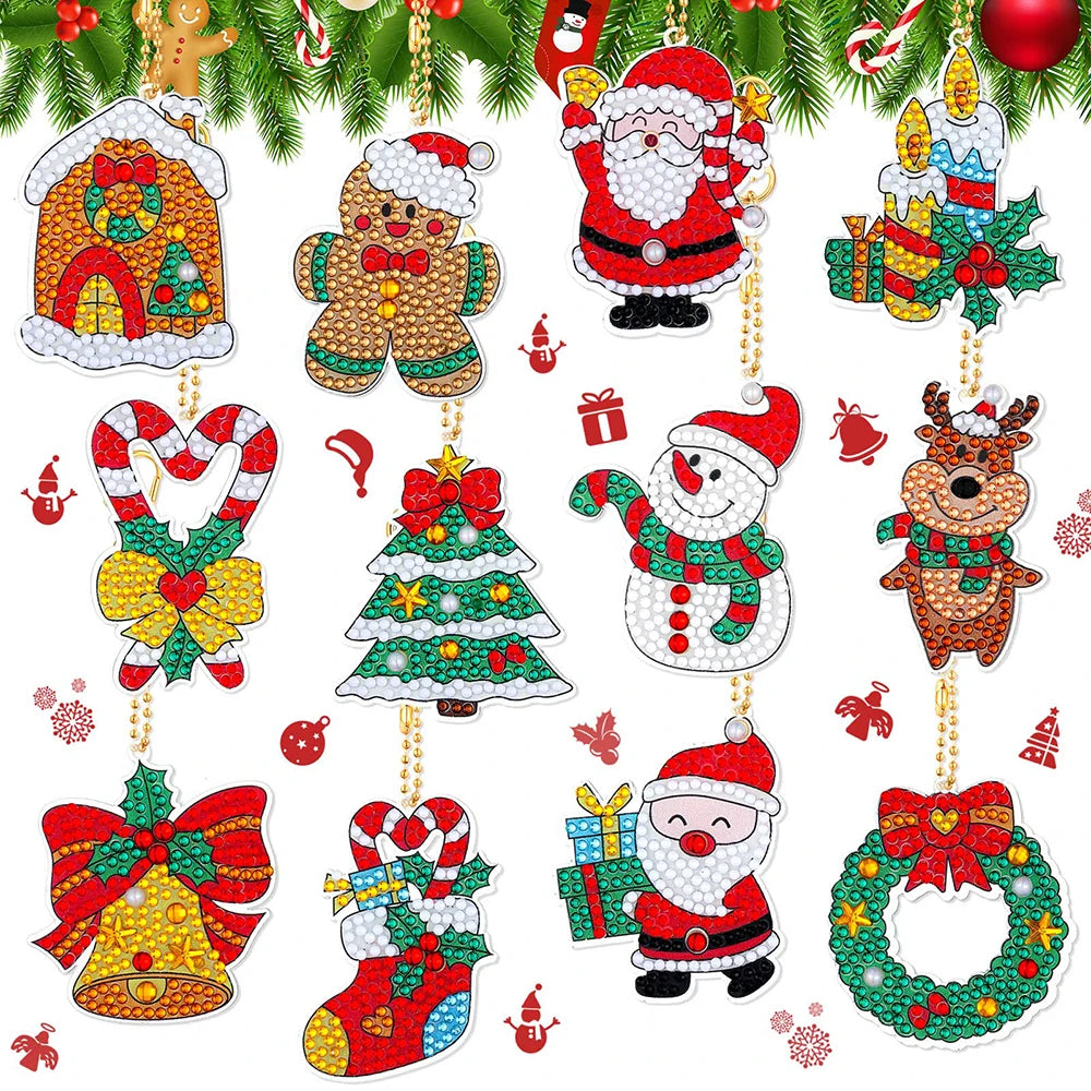 Christmas Diamond Painting Keychain 5D DIY Hanging Diamond Art Kits Diamond Ornaments for Kids Christmas Crafts Family Decor