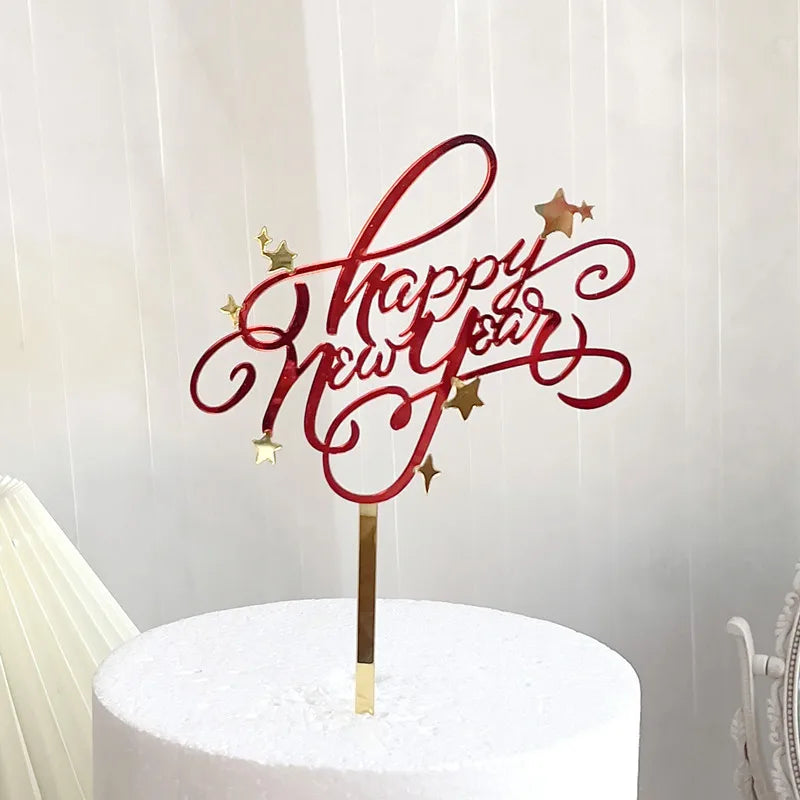 2023 Happy New Year birthday Cake Topper Red Gold Acrylic Kids New Year's Party Cake Topper Home Party Gifts Dessert Decoration
