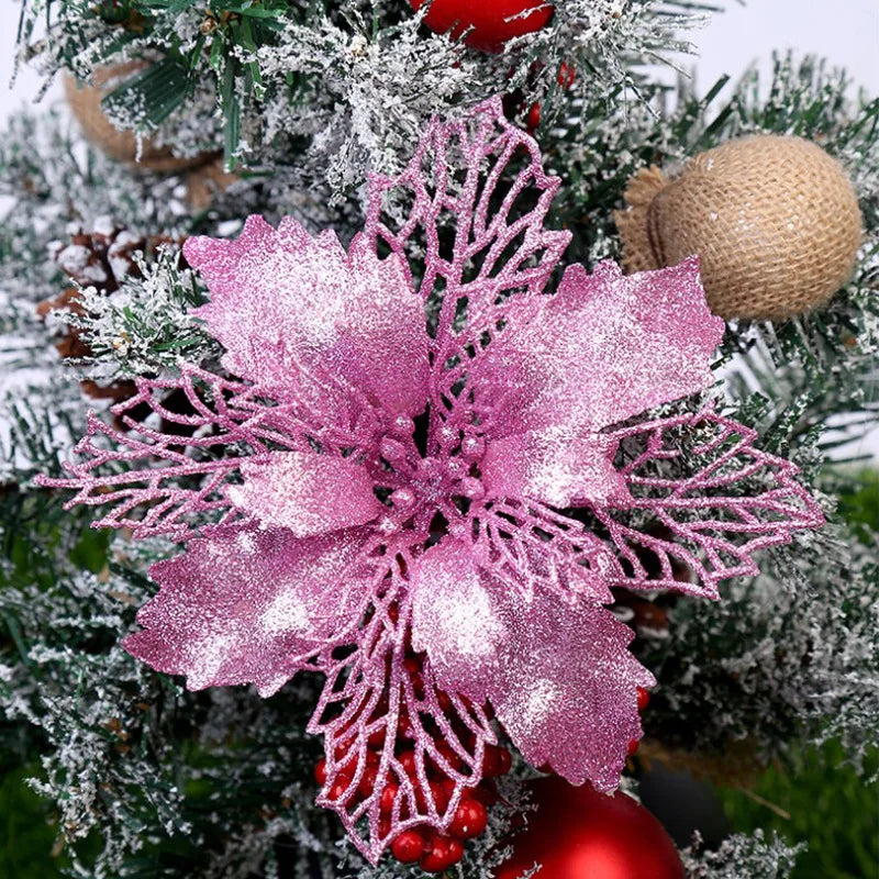 9cm Glitter Artifical Christmas Flowers Christmas Tree Wreath Decorations Fake Flowers Xmas Garland Ornaments New Year 2024