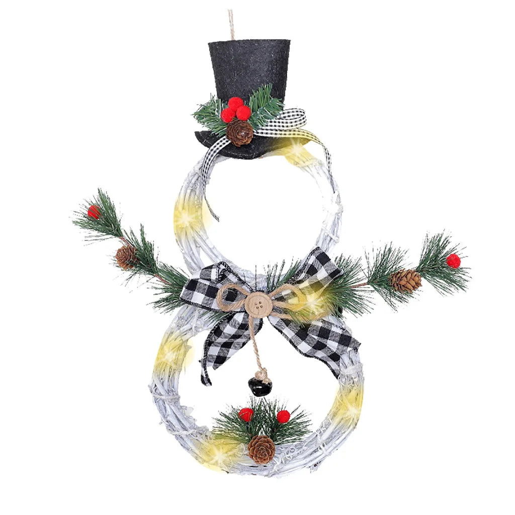 Christmas Snowman Wreath Garland Led Light Door Decoration Artificial Home Window Wall Background Door Hanging Luminous Ornament