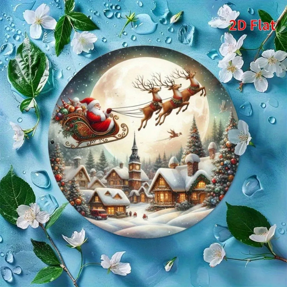 Vintage Santa Claus Sleigh Metal Wall Decor - 2D Flat Christmas Decoration with Reindeer Winter Village