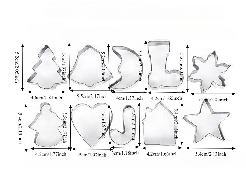 JUSTINLAU 10pcs Christmas Cookie Cutter Set Stainless Steel Gingerbread Xmas Tree Fondant DIY Baking Mold for Holiday Party Gift
