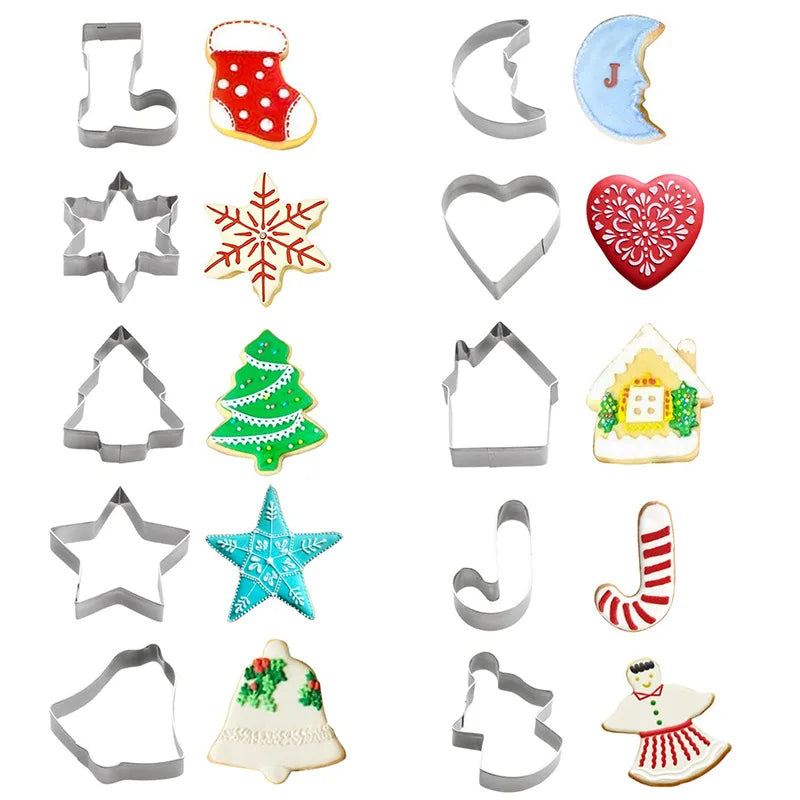 JUSTINLAU 10pcs Christmas Cookie Cutter Set Stainless Steel Gingerbread Xmas Tree Fondant DIY Baking Mold for Holiday Party Gift