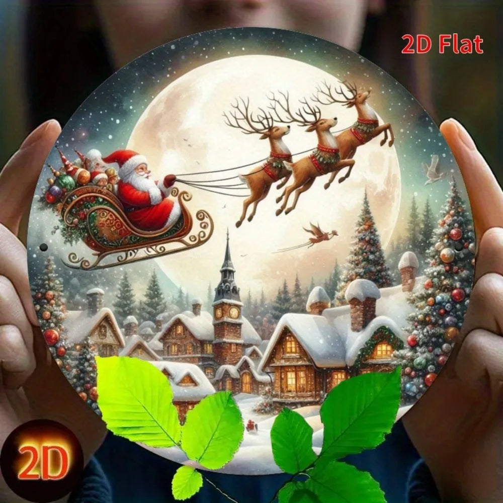 Vintage Santa Claus Sleigh Metal Wall Decor - 2D Flat Christmas Decoration with Reindeer Winter Village