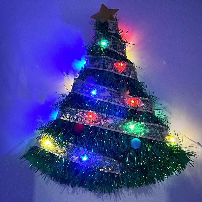 LED light up Christmas Tree ribbon Hats Cute Funny Santa Hat luminous Fancy Dress up cap for  Xmas party Gift Photo Props