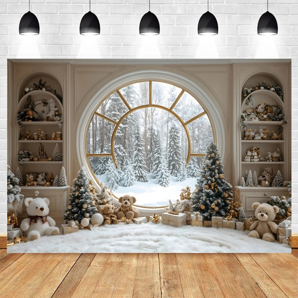 Christmas Photography Backdrop Xmas Tree Gift Toy Window Wood Door Kids Portrait Family Party Photo Background Decor Photostudio