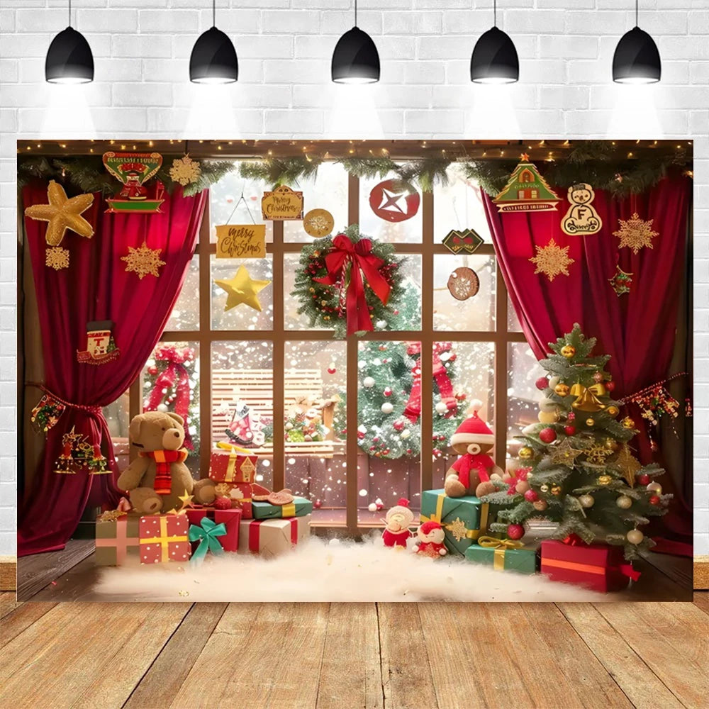 Christmas Photography Backdrop Xmas Tree Gift Toy Window Wood Door Kids Portrait Family Party Photo Background Decor Photostudio