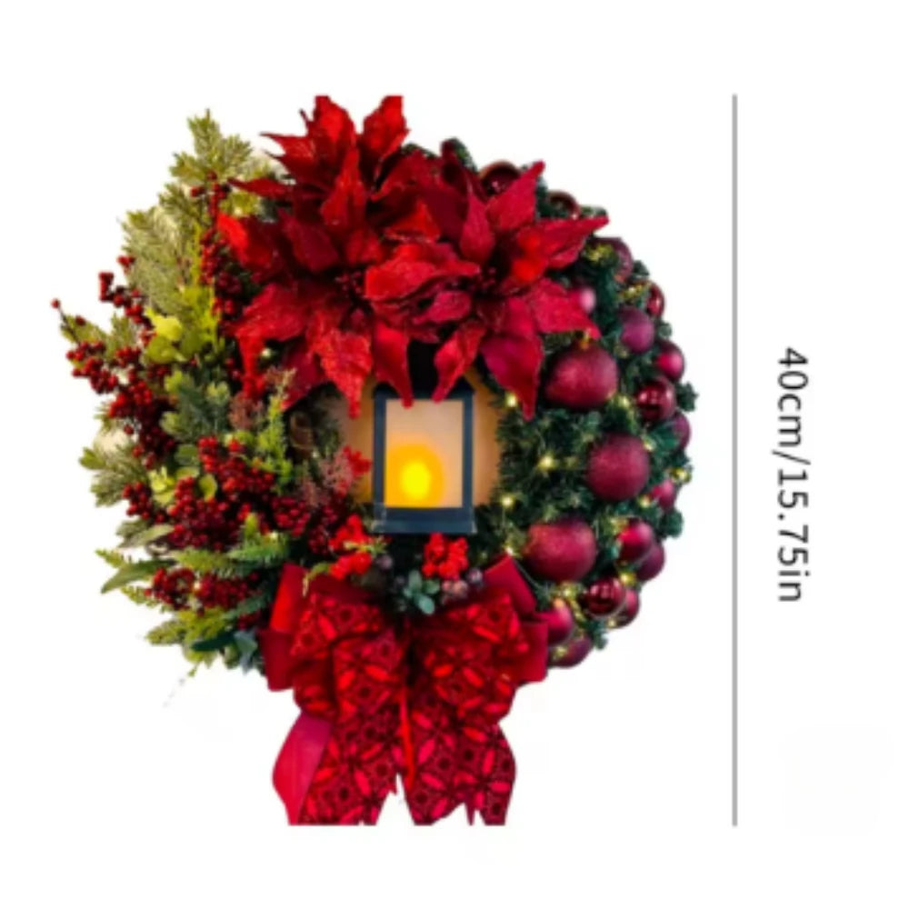 Christmas Decoration Golden Wreath With Lamp For Front Door Red Ball Flower Garland Xmas Ornament Window Wall Hanging Decor