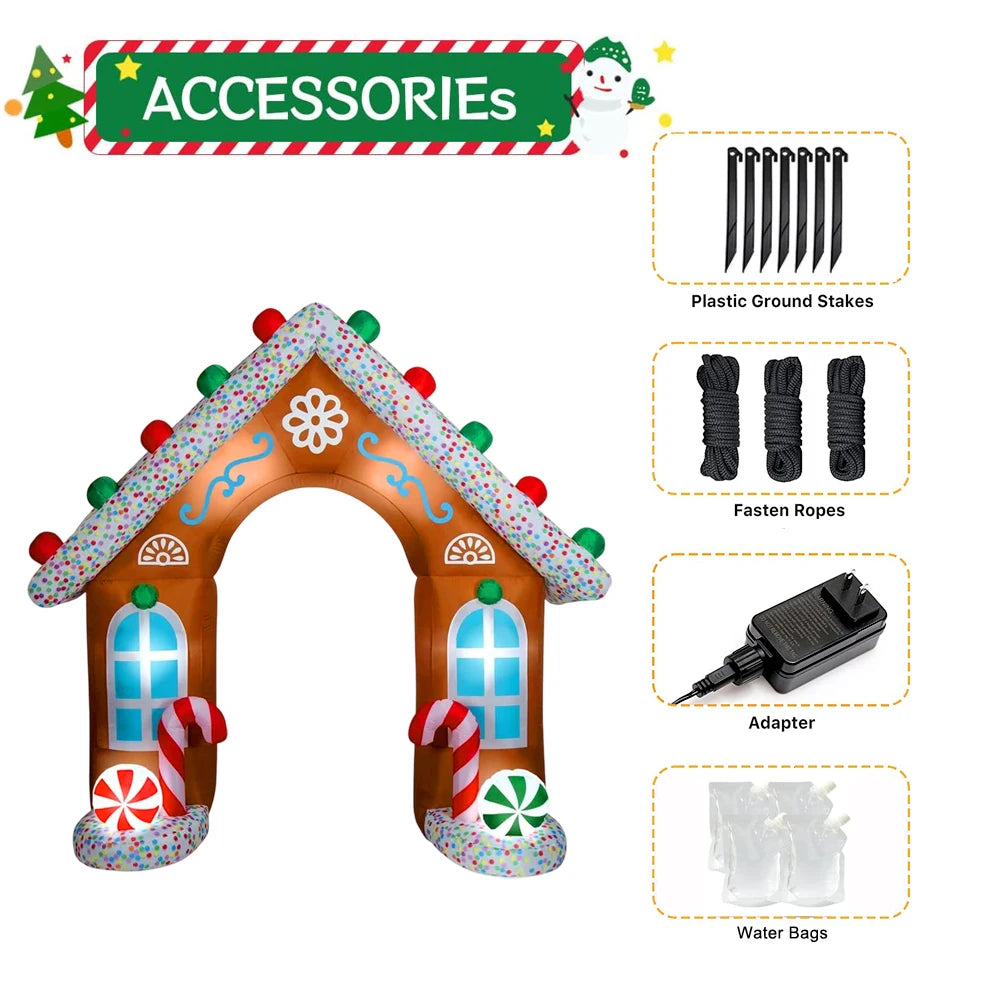 Christmas Inflatable Gingerbread House with LED Lights Candy Arch Inflatables for Outdoor Yard Lawn Holiday Party Decoration
