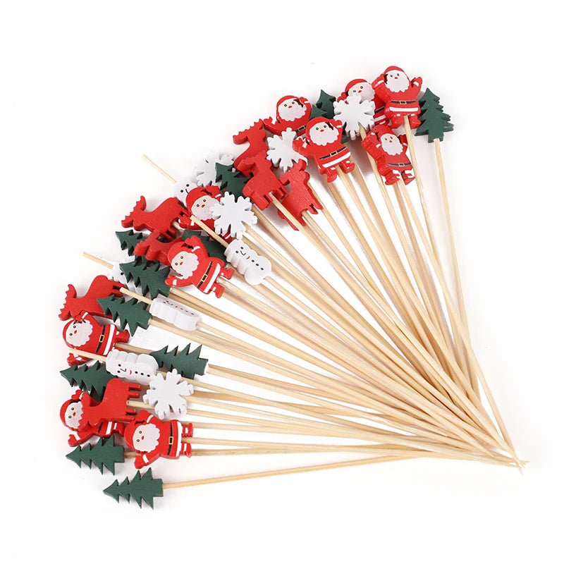 100Pcs Christmas Disposable Bamboo Skewers Santa Xmax Tree Fruit Fork Buffet Dessert Cocktail Sticks Christmas Decoration 2025