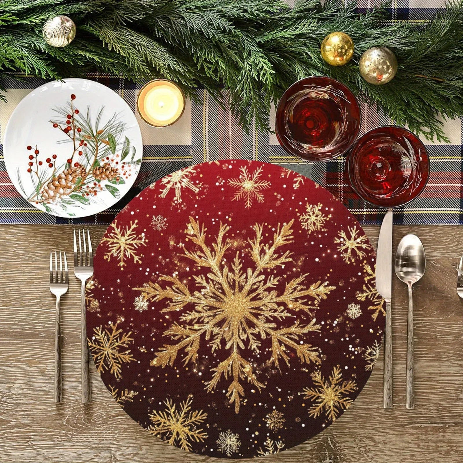 Round Christmas Placemat Cartoon Santa Claus Wreath Snowflake Xmas Placemat Merry Christmas Decor 2025 Happy New Year 2026