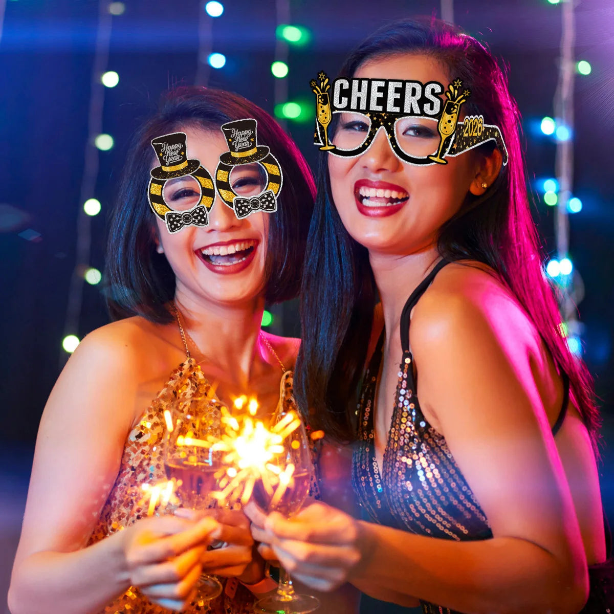 6 pieces, 2026 Happy New Year Black Gold New Year paper glasses, New Year's Eve decoration photo props - New Year's party