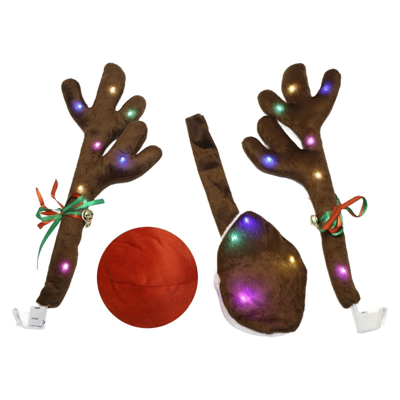 Car Reindeer Antlers,Antlers Car Kit With LED Lights,Reindeer Car Kit Antlers,Nose,Tail,Christmas Decorations For Car